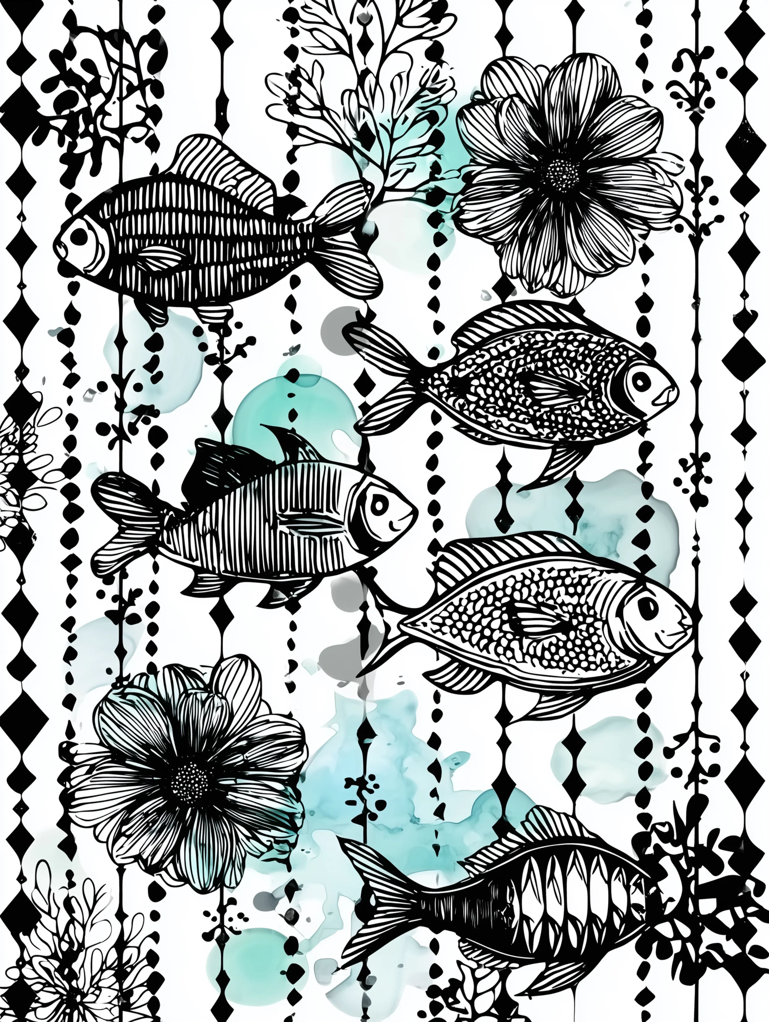 Free printable underwater coloring page for adults featuring fish swimming through a decorative underwater scene